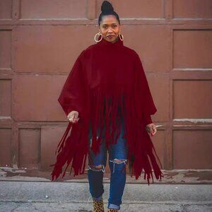 Plus Size Fringe Poncho Coat | High Neck Batwing Cape